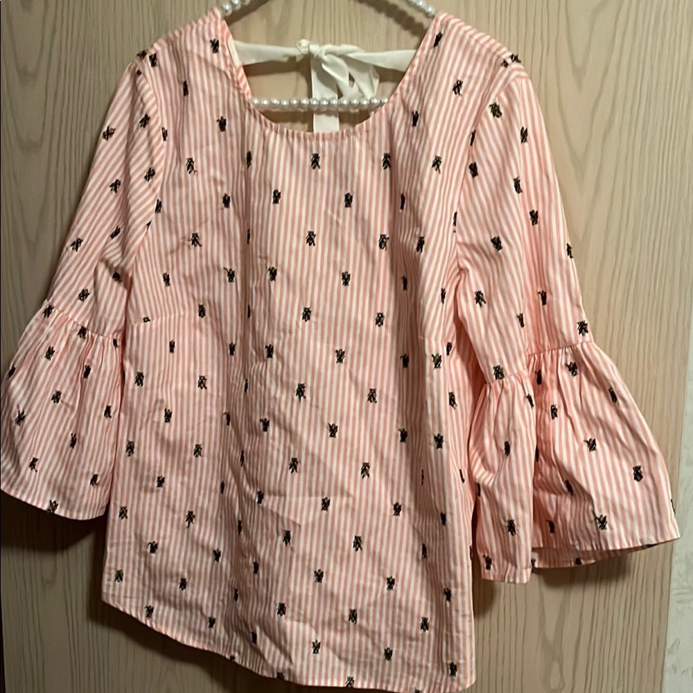 Jane and Delancey Pink Striped Bell-Sleeve Blouse with Black Embroidery